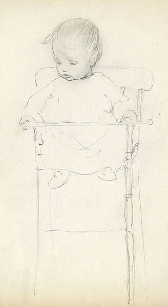 Pencil sketch of baby in high chair