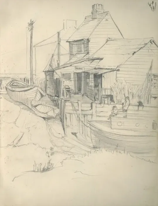 Framed Print : Pencil sketch of building and boats Framed Print : Pencil sketch of building and boats