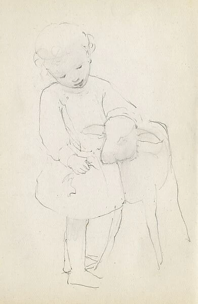 Pencil sketch of child with lamb