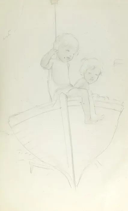 Framed Print : Pencil sketch of two children on a boat Framed Print : Pencil sketch of two children on a boat