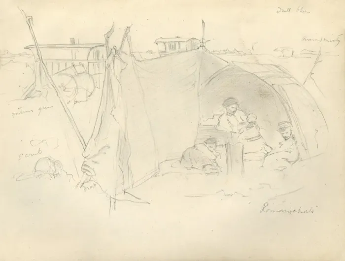 Framed Print : Pencil sketch of family in a tent Framed Print : Pencil sketch of family in a tent