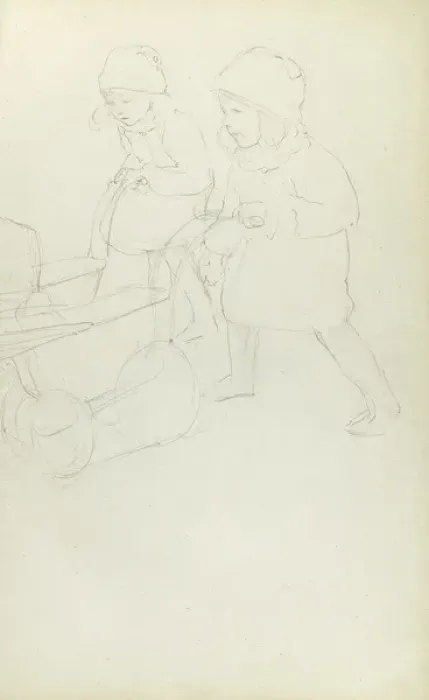 Framed Print : Pencil sketch of two girls with prams Framed Print : Pencil sketch of two girls with prams