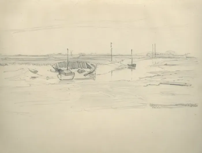 Framed Print : Pencil sketch of landscape with boats Framed Print : Pencil sketch of landscape with boats