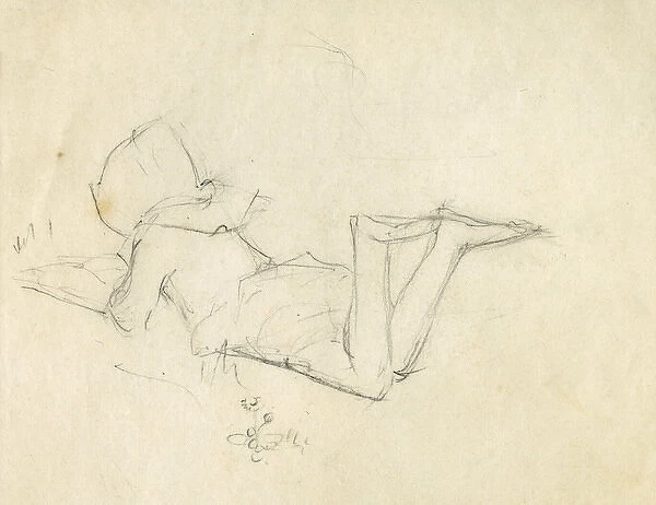 Pencil sketch of little girl lying down reading