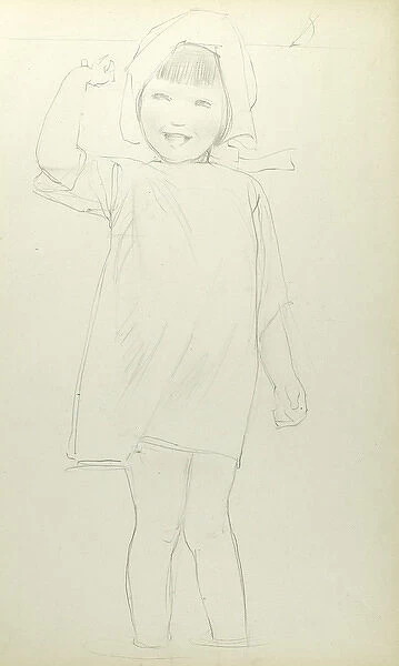 Pencil sketch of little girl paddling