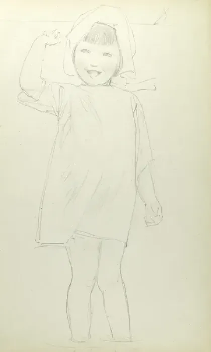 Framed Print : Pencil sketch of little girl paddling Framed Print : Pencil sketch of little girl paddling