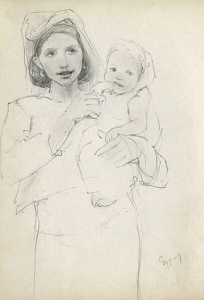 Pencil sketch of mother and baby