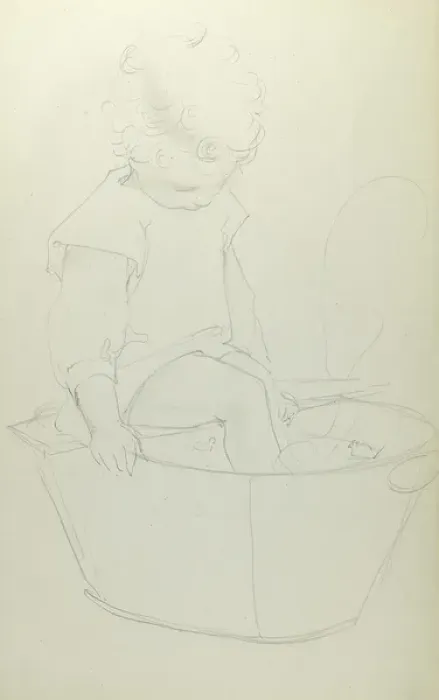 Framed Print : Pencil sketch of toddler in bathtub Framed Print : Pencil sketch of toddler in bathtub