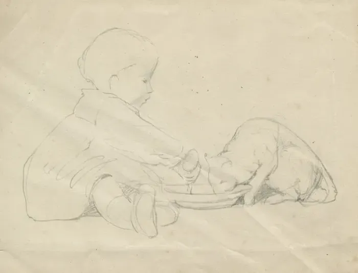 Framed Print : Pencil sketch of toddler with cat Framed Print : Pencil sketch of toddler with cat