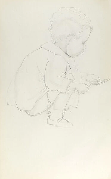 Pencil sketch of toddler crouching
