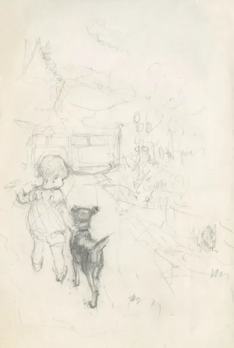 Framed Print : Pencil sketch of toddler and dog Framed Print : Pencil sketch of toddler and dog