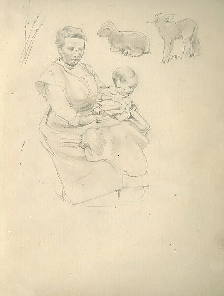 Pencil sketch of woman, child and lambs