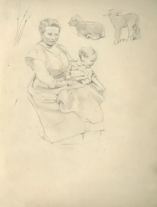 Framed Print : Pencil sketch of woman, child and lambs Framed Print : Pencil sketch of woman, child and lambs