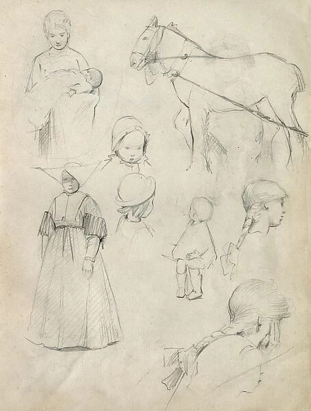 Pencil sketches of adults, children and a horse