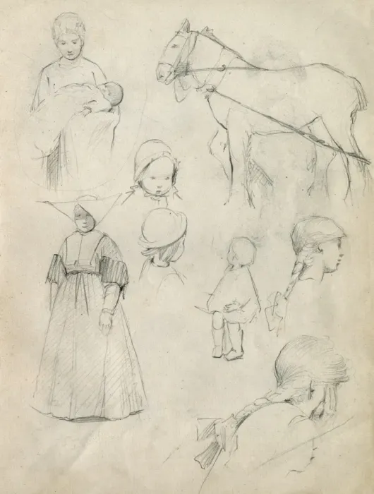 Framed Print : Pencil sketches of adults, children and a horse Framed Print : Pencil sketches of adults, children and a horse