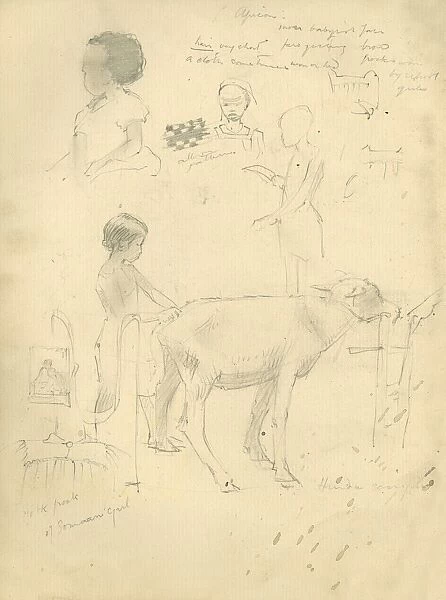Pencil sketches of children and a dog