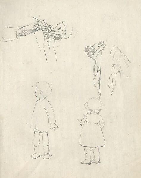 Pencil sketches of children and knitting hands