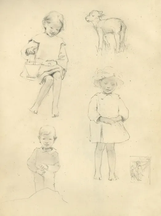 Framed Print : Pencil sketches of children and lamb Framed Print : Pencil sketches of children and lamb