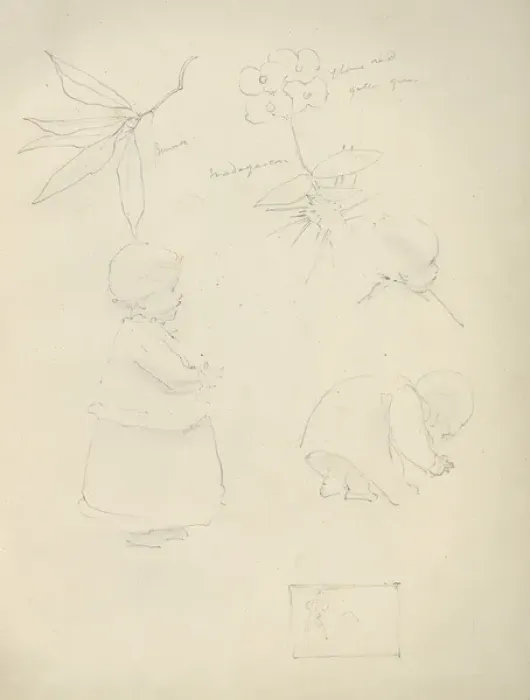 Framed Print : Pencil sketches of toddlers, flowers and leaves Framed Print : Pencil sketches of toddlers, flowers and leaves