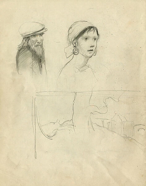 Pencil sketches of young woman and old man