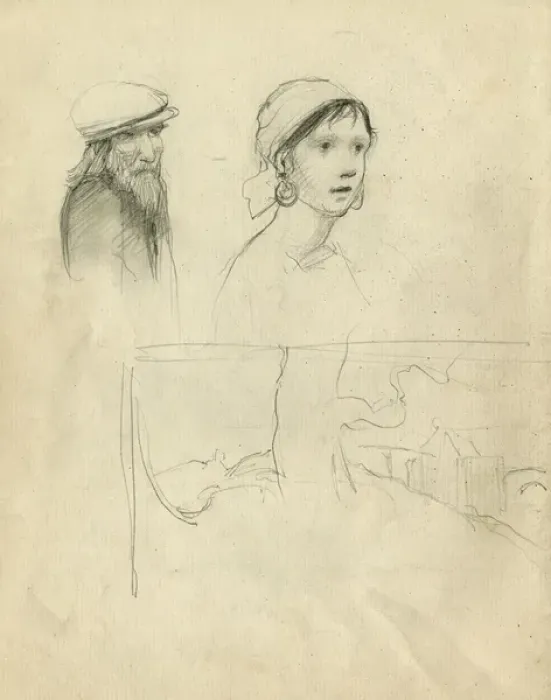 Framed Print : Pencil sketches of young woman and old man