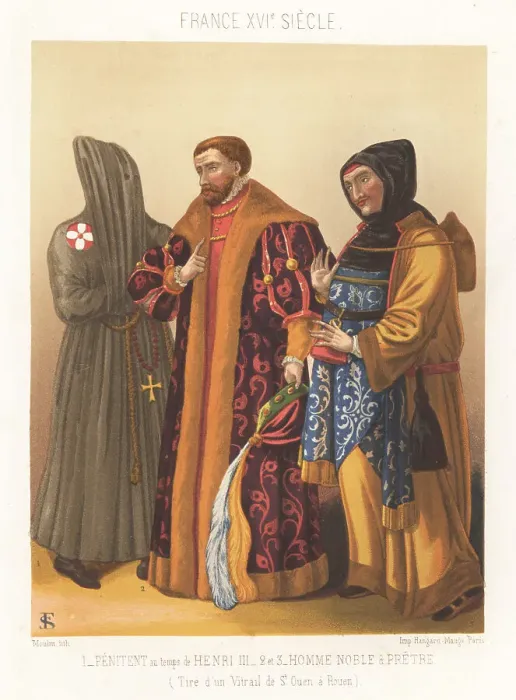 Framed Print : Penitent, nobleman and priest, France, 16th century Framed Print : Penitent, nobleman and priest, France, 16th century