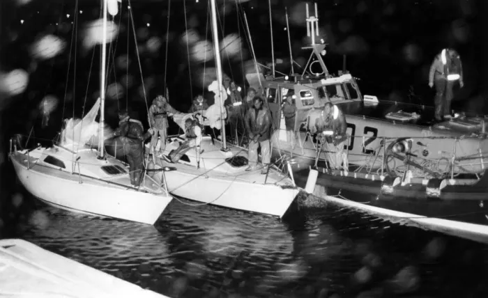 Framed Print : Penlee lifeboat towing stricken yachts to Newlyn, Cornwall Framed Print : Penlee lifeboat towing stricken yachts to Newlyn, Cornwall