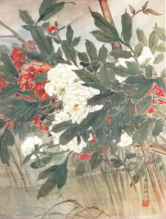 Framed Print : Peonies. A painting of some small birds, nestled amongst some large red Framed Print : Peonies. A painting of some small birds, nestled amongst some large red