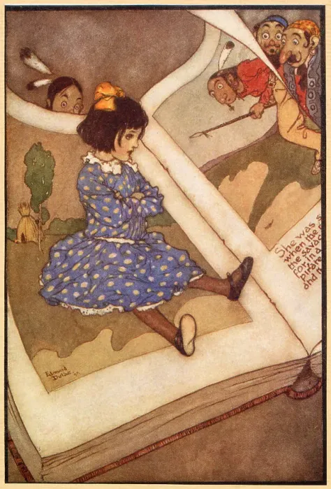 Framed Print : The other people in the book looked at her in surprise. Scene from the story A Little Girl in a Book illustrated by Edmund Dulac. Date: 1913