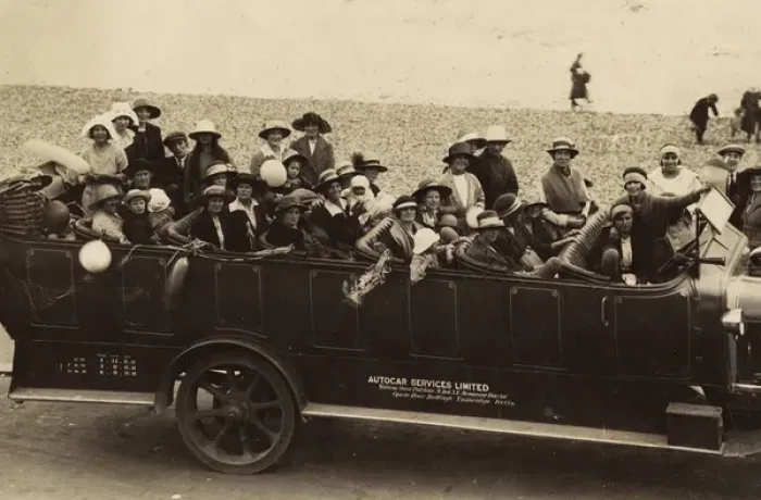 Framed Print : People in a charabanc at the seaside Framed Print : People in a charabanc at the seaside