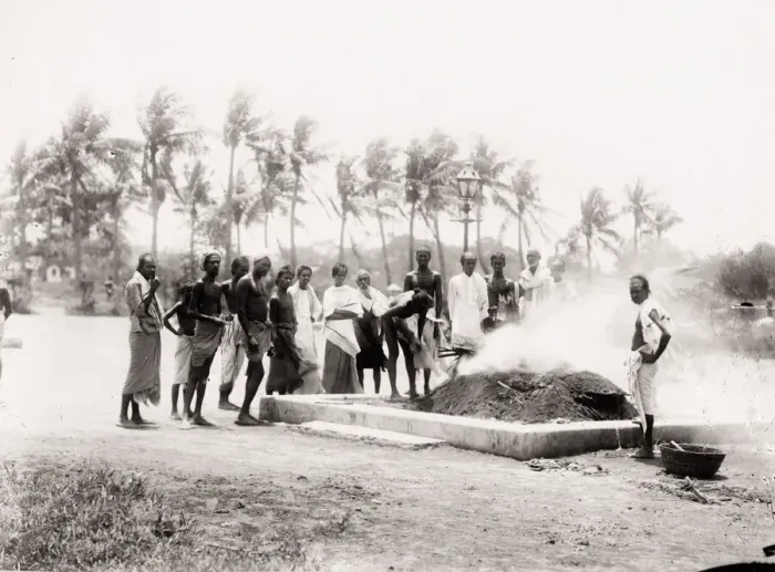 Framed Print : People around a cremation funeral pyre, India Framed Print : People around a cremation funeral pyre, India