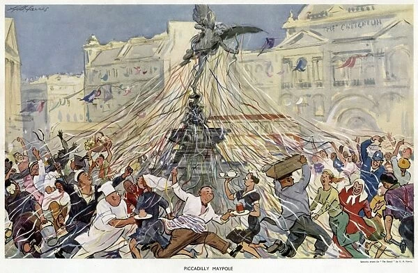 People dancing the maypole round Eros in Piccadilly