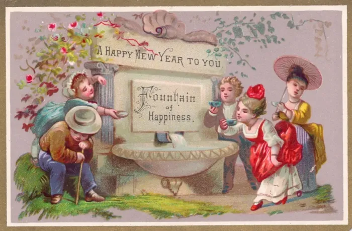 Framed Print : People drinking water on a New Year card Framed Print : People drinking water on a New Year card