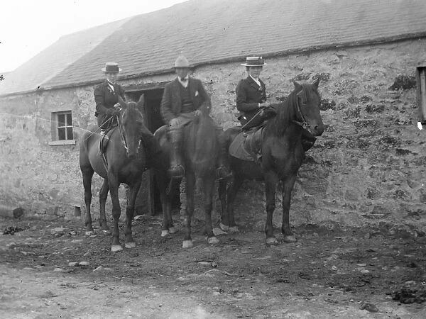 Three people on horseback, Tregwynt, West Wales