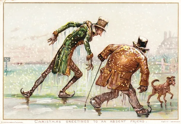 Framed Print : People on the ice on a comic Christmas card Framed Print : People on the ice on a comic Christmas card