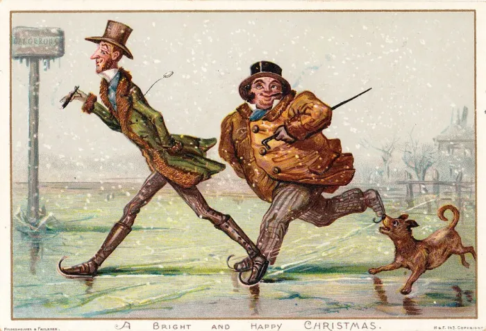 Framed Print : People on the ice on a comic Christmas card Framed Print : People on the ice on a comic Christmas card
