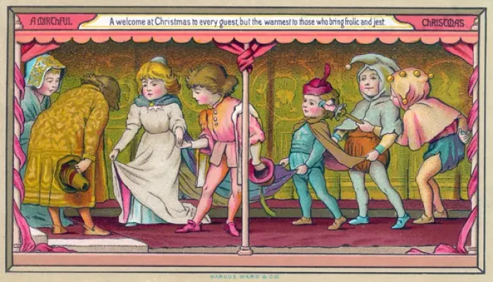 Framed Print : People in medieval costume on a Christmas card Framed Print : People in medieval costume on a Christmas card