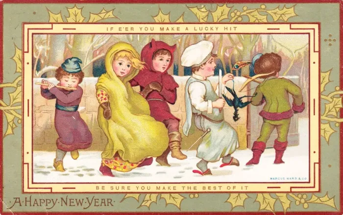 Framed Print : People in medieval costume on a New Year card Framed Print : People in medieval costume on a New Year card
