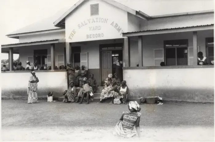 Framed Print : People outside Salvation Army medical building, Ghana Framed Print : People outside Salvation Army medical building, Ghana