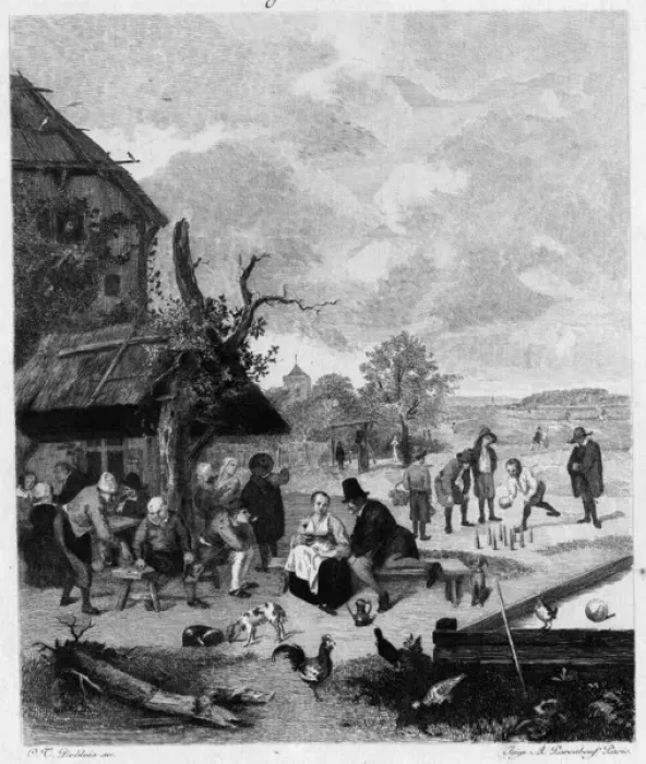 Framed Print : People playing skittles in the countryside Framed Print : People playing skittles in the countryside