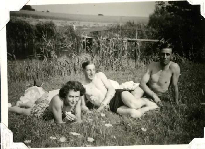 Framed Print : Three people relaxing, Lessingen, Germany, WW2 Framed Print : Three people relaxing, Lessingen, Germany, WW2