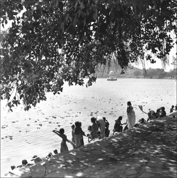 Framed Print : People on a riverbank, India Framed Print : People on a riverbank, India