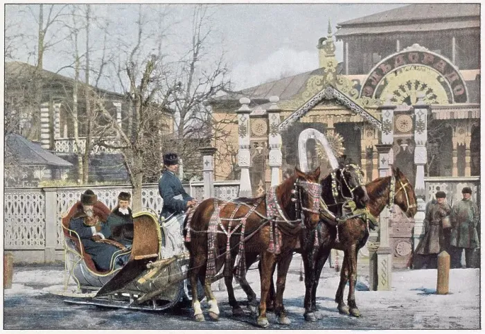 Framed Print : People sit in a winter troika in a snowy Moscow street. Date: 1890s Framed Print : People sit in a winter troika in a snowy Moscow street. Date: 1890s