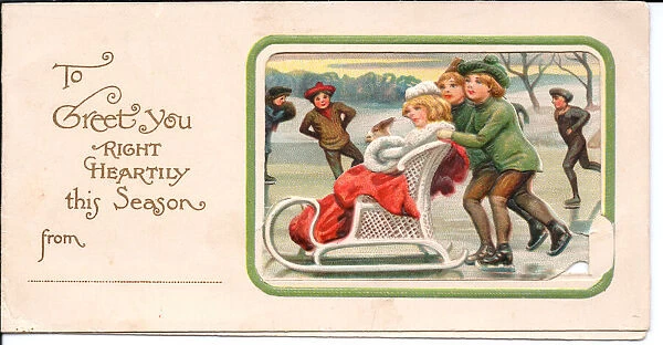 People skating and sleighing on a Christmas card