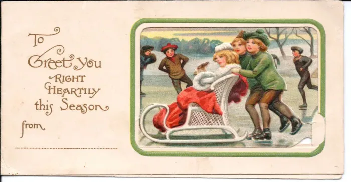 Framed Print : People skating and sleighing on a Christmas card Framed Print : People skating and sleighing on a Christmas card