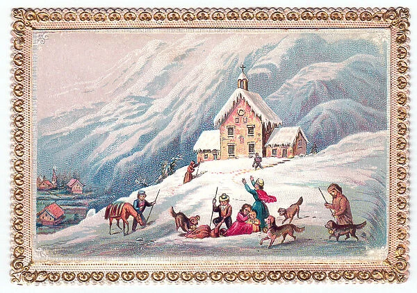 People in the snow near a church on a Christmas card