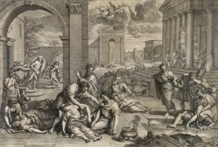 Framed Print : People suffering from plague outside temple