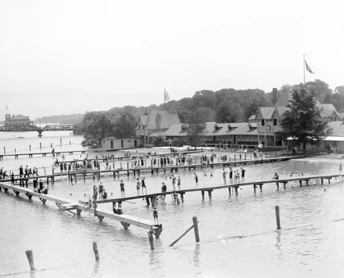 Framed Print : People swimming at an outdoor bath house in Detroit, Michiga Framed Print : People swimming at an outdoor bath house in Detroit, Michiga