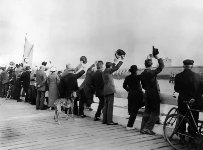 Framed Print : People waving their hats at the waterside, WW1 Framed Print : People waving their hats at the waterside, WW1