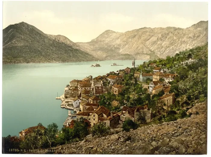 Framed Print : Perasto, general view, showing island, Dalmatia, Austro-Hung Framed Print : Perasto, general view, showing island, Dalmatia, Austro-Hung
